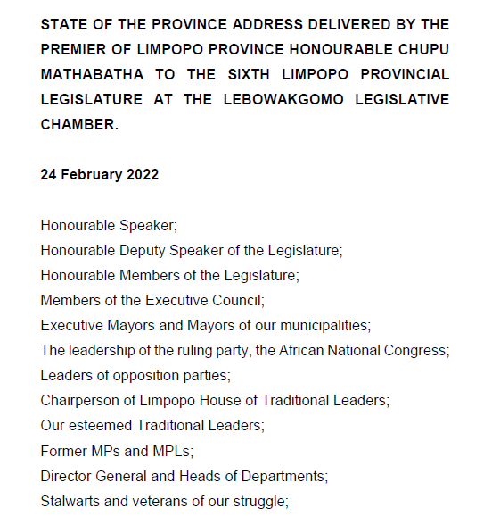 STATE OF THE PROVINCE ADDRESS DELIVERED BY THE PREMIER OF LIMPOPO PROVINCE HONOURABLE CHUPU MATHABATHA TO THE SIXTH LIMPOPO PROVINCIAL LEGISLATURE AT THE LEBOWAKGOMO LEGISLATIVE CHAMBER.